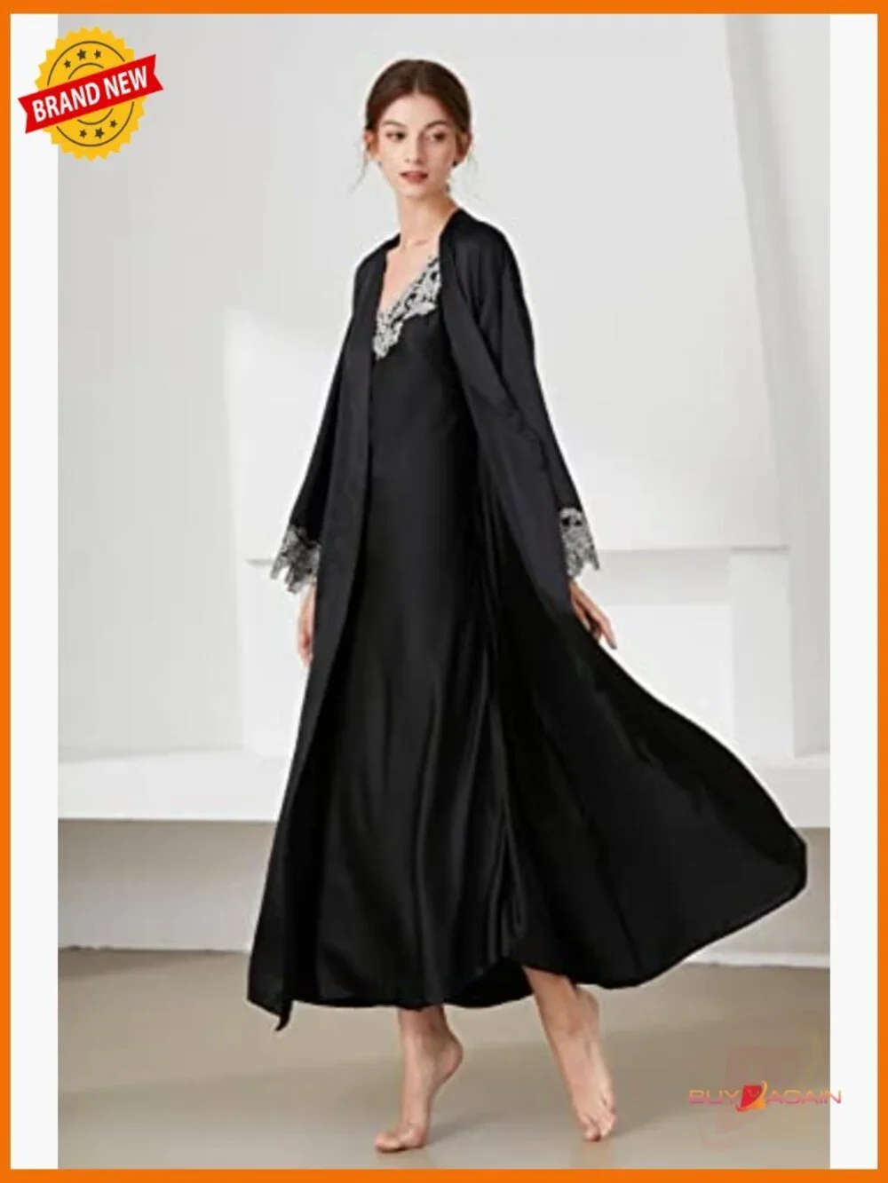 Women's 2 Piece Satin Nightgown and Robe Set Lace Sleepwear